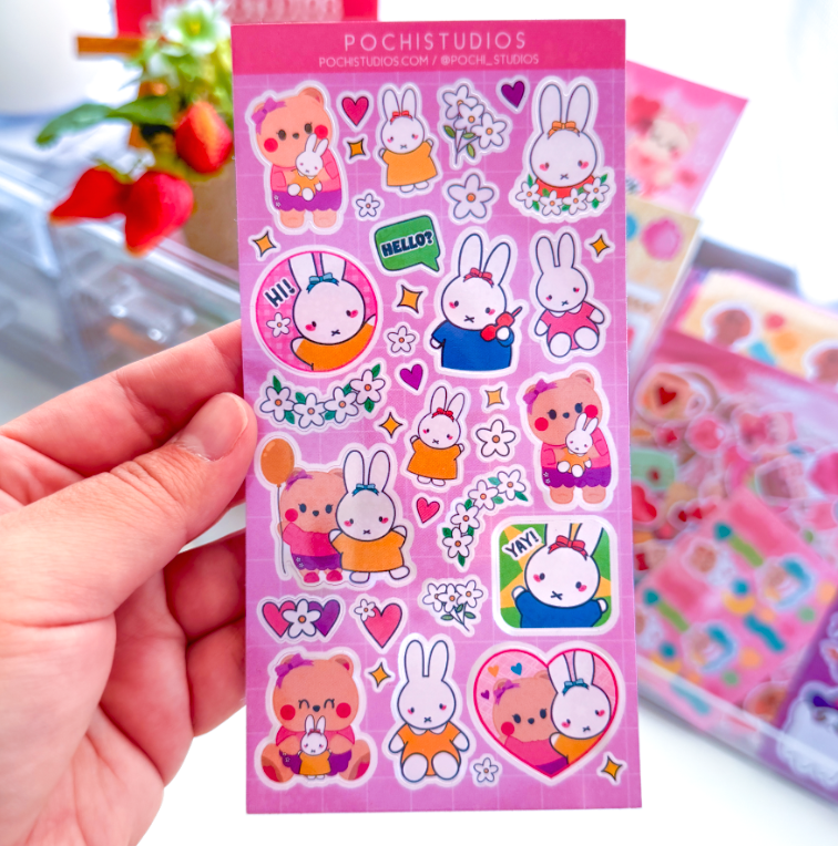 Adorable Pink sparkle Berries & Cute Bunny Friends Holographic Sticker Sheet