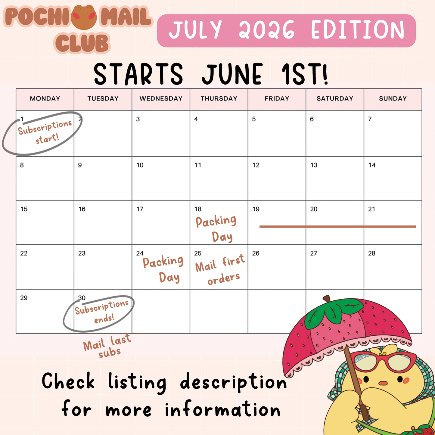 Calendar for Pochi Mail Club July 2023 edition with cartoon character holding an umbrella.