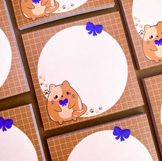 Chubby Kitty Chubbs Brown Plaid Blue Bow Sticky Notes