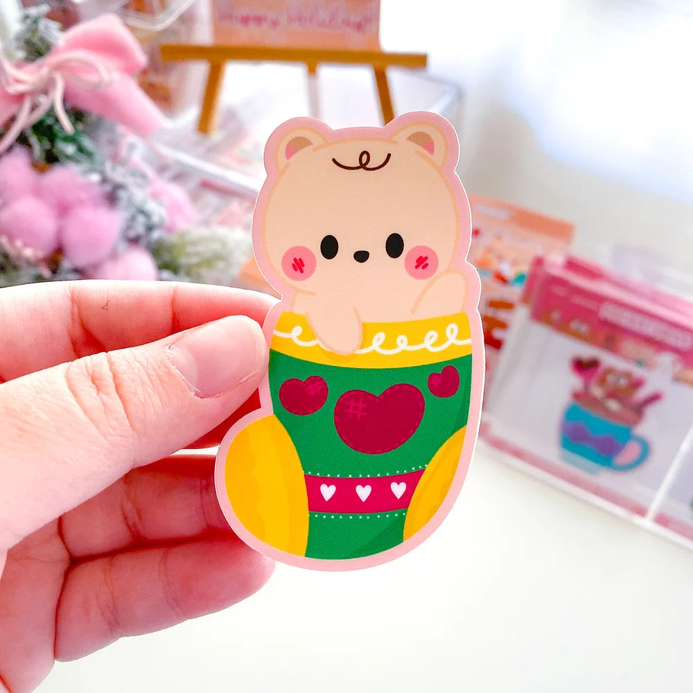 Cute Baby Bear Cookie Christmas Stocking Waterproof Die-Cut Sticker