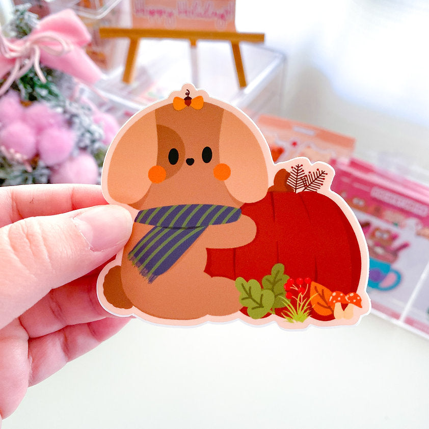 Autumn Red Pumpkin Nina Puppy with Scarf Luxe Waterproof Vinyl Sticker