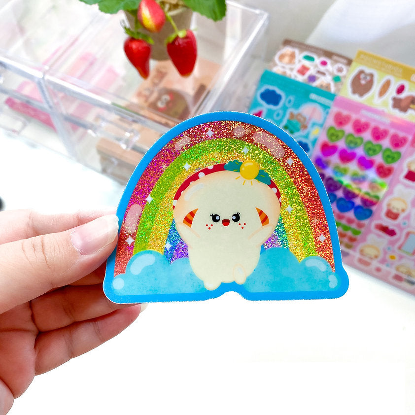 Colorful Spring Rainbow Florecita Girl Mushroom Waterproof Holographic Sparkly Die-Cut Sticker