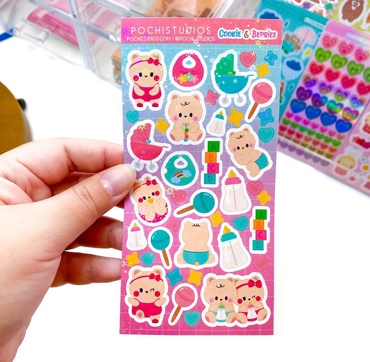 Cute Baby Bear Twins Cookie & Berries Holographic Sparkly Vinyl Sticker Sheet