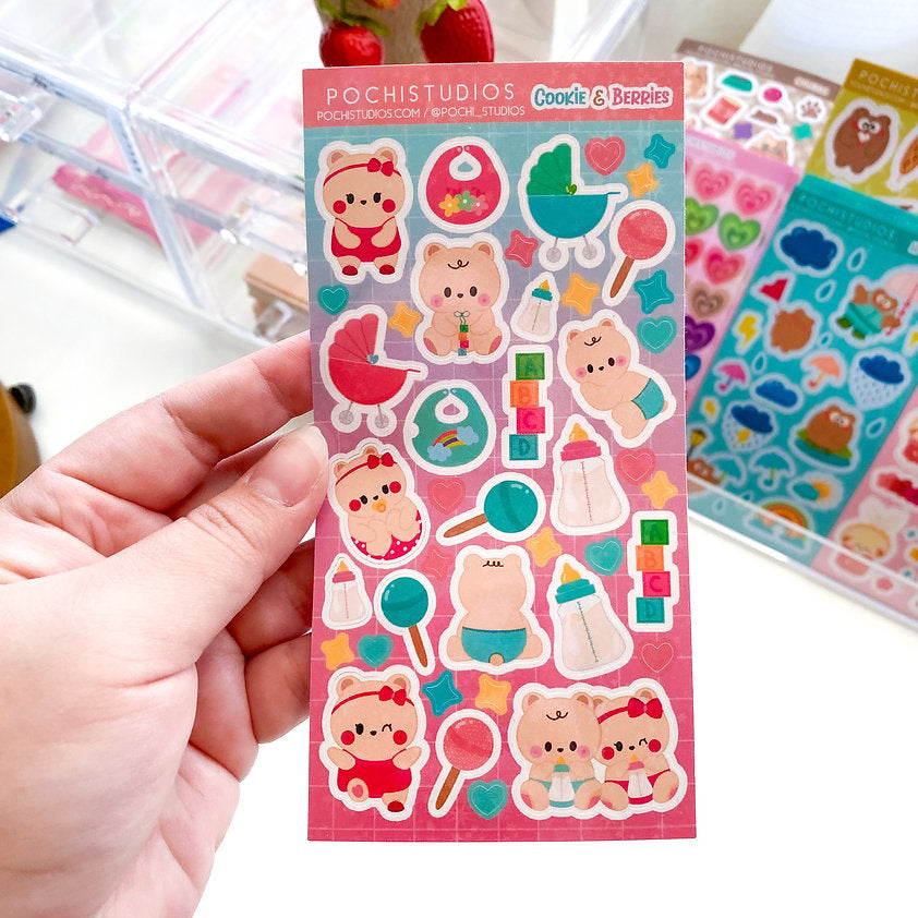 Cute Baby Bear Twins Cookie & Berries Holographic Sparkly Vinyl Sticker Sheet