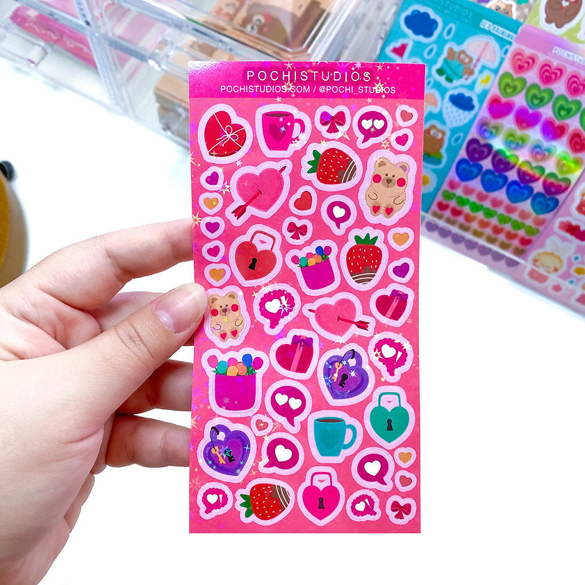 Valentine's Day Pink Deco Icons Holographic Sparkle Vinyl Sticker Sheet