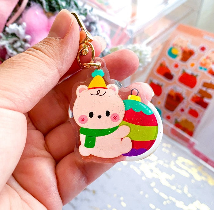 "Happy Holidays" Cookie Twin Baby Bear Christmas Ornament Holo Glitter Epoxy Keychain