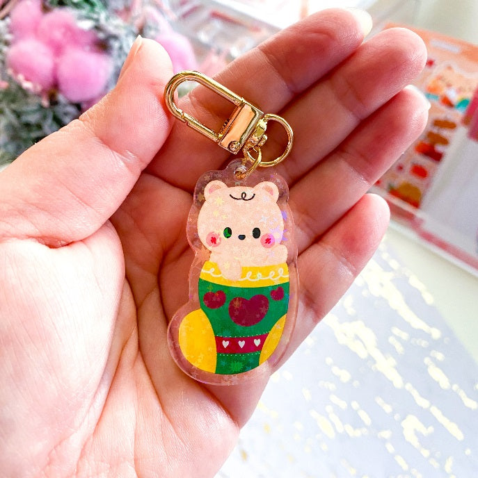 "Happy Holidays" Cookie Twin Baby Bear Christmas Stocking Holographic Keychain