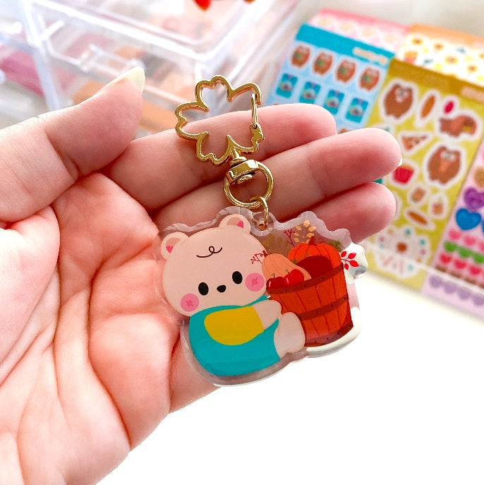 Cute Cookie Twin Baby Bear Fall Pumpkin Harvest Epoxy Keychain