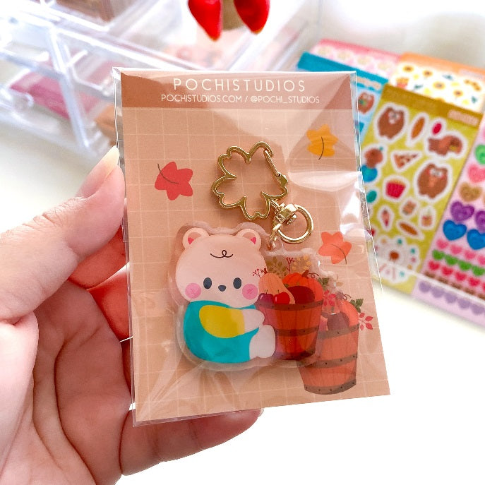 Cute Cookie Twin Baby Bear Fall Pumpkin Harvest Epoxy Keychain