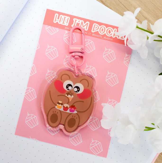 Cute Brown Bear Hi! I'm Pochi Sweets Cupcakes Keychain