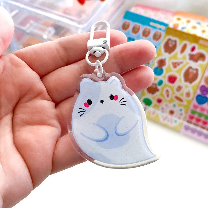 Chubbs Chubby Kitty Ghost Halloween Glitter Epoxy Keychain