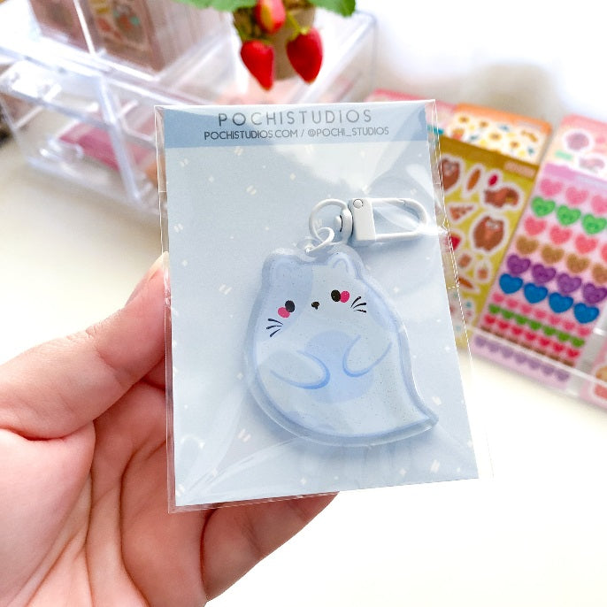 Chubbs Chubby Kitty Ghost Halloween Glitter Epoxy Keychain