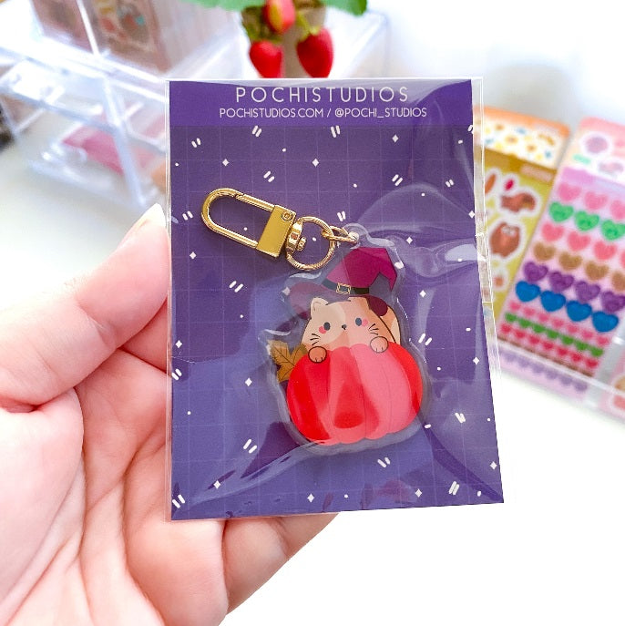 Chubbs Chubby Kitty Witch Pumpkin Halloween Epoxy Keychain